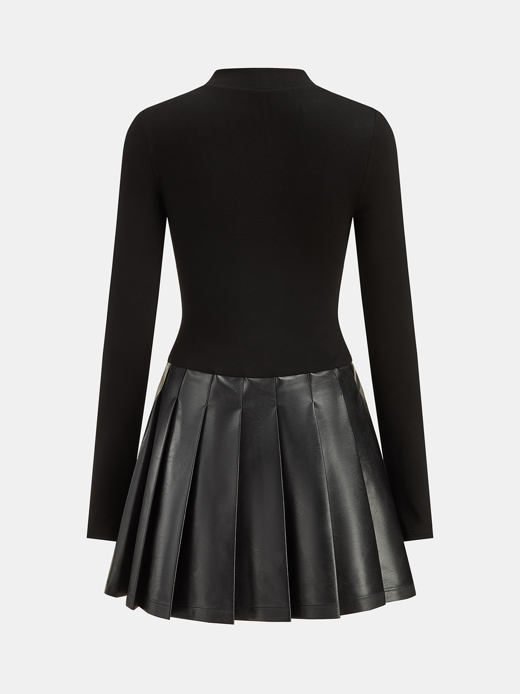 Faux Leather Pleated Panel Long Sleeve Dress