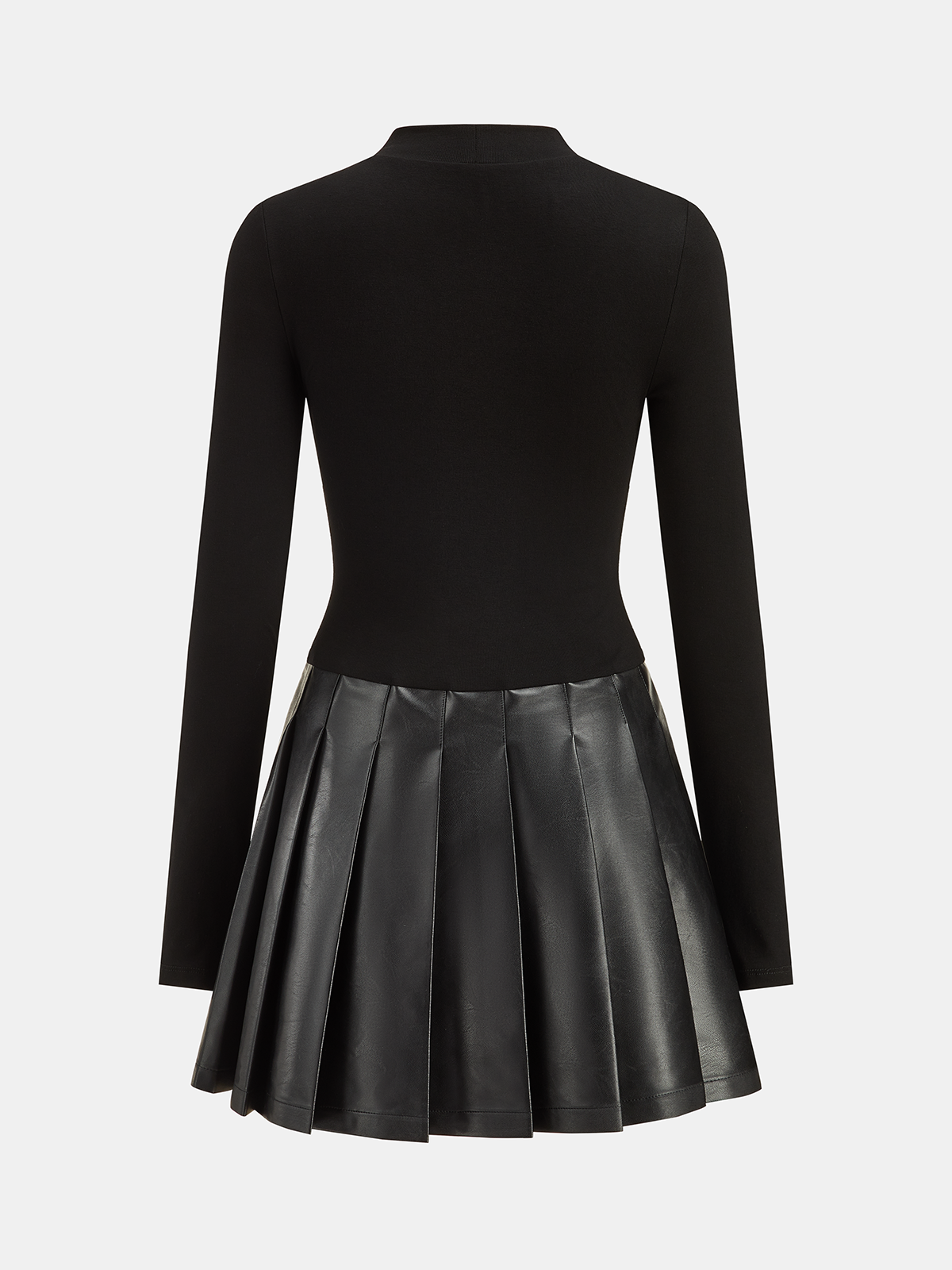 Faux Leather Pleated Panel Long Sleeve Dress