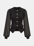 Sheer Sleeve Metal Button Ribbed Knit Cardigan
