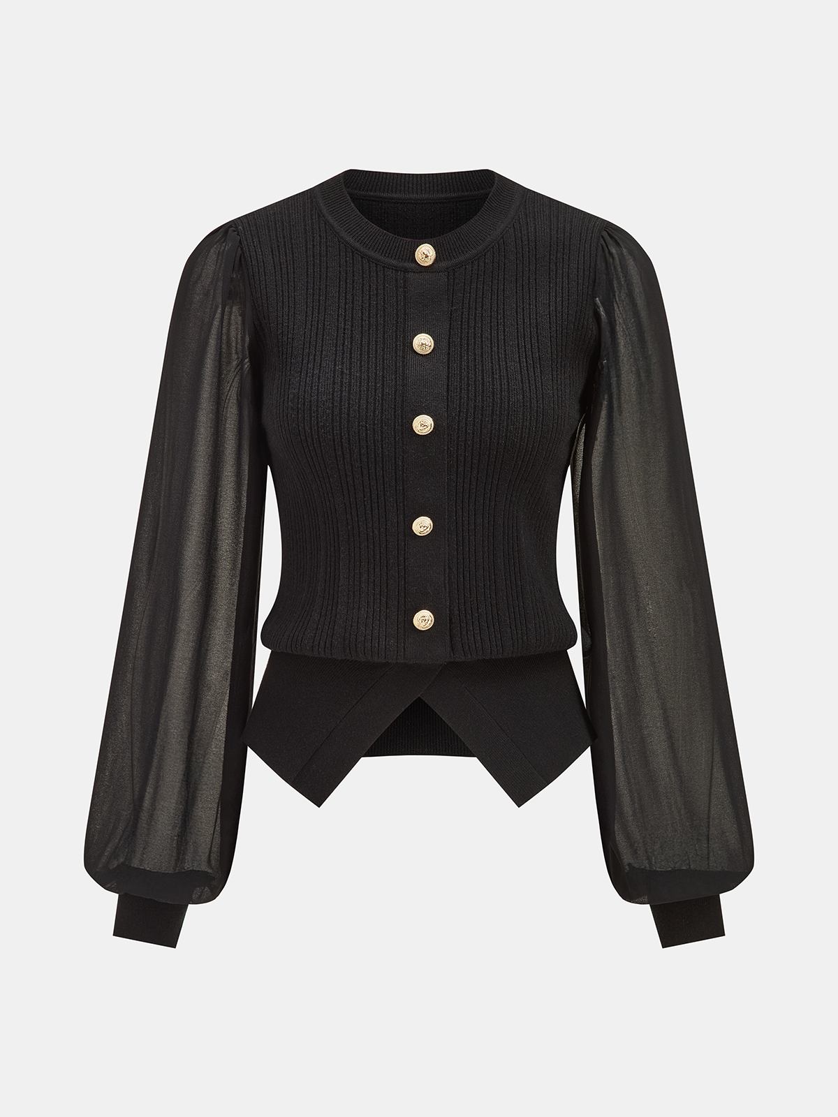 Sheer Sleeve Metal Button Ribbed Knit Cardigan