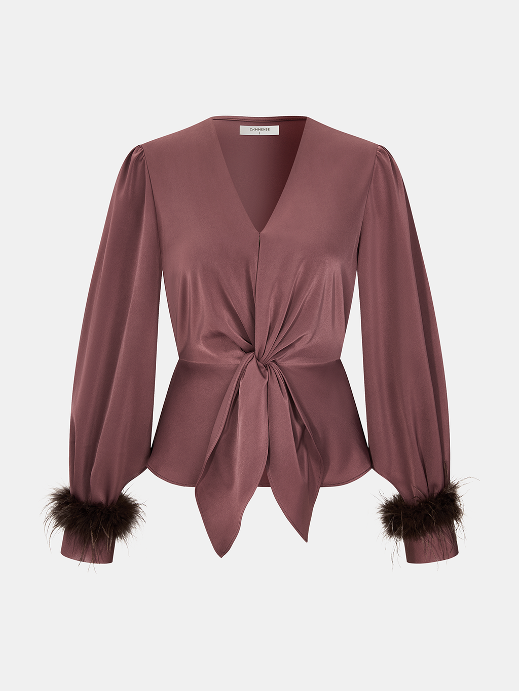 Knot Detail Faux Fur Cuff Satin Blouse