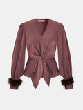 Knot Detail Faux Fur Cuff Satin Blouse