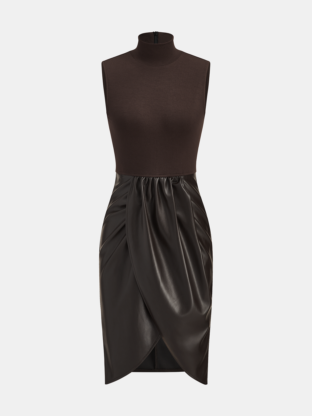 Ruched Faux Leather Panel Sleeveless Dress