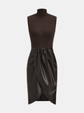 Ruched Faux Leather Panel Sleeveless Dress