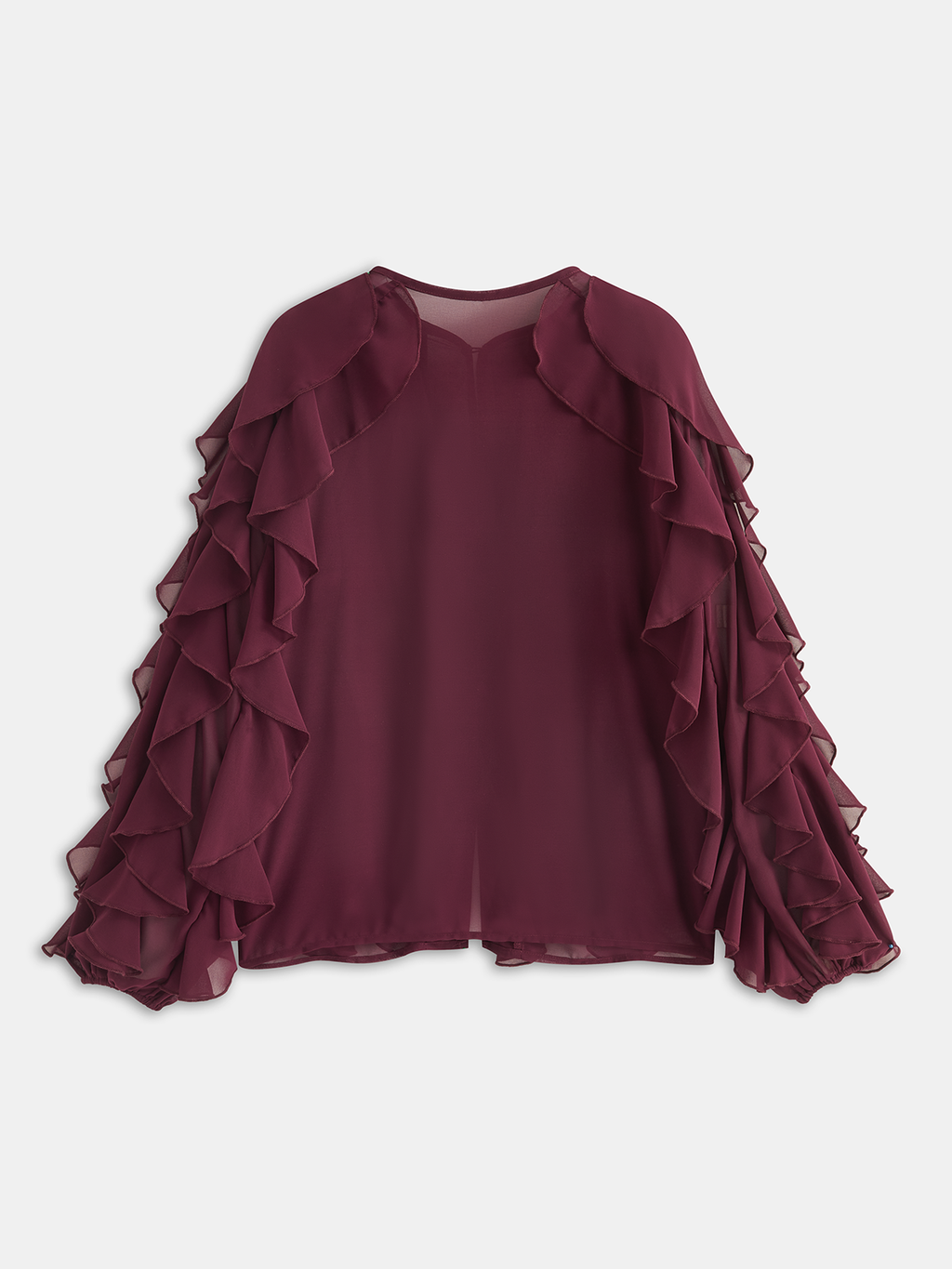 Semi-Sheer Chiffon Ruffled Long-Sleeve Blouse