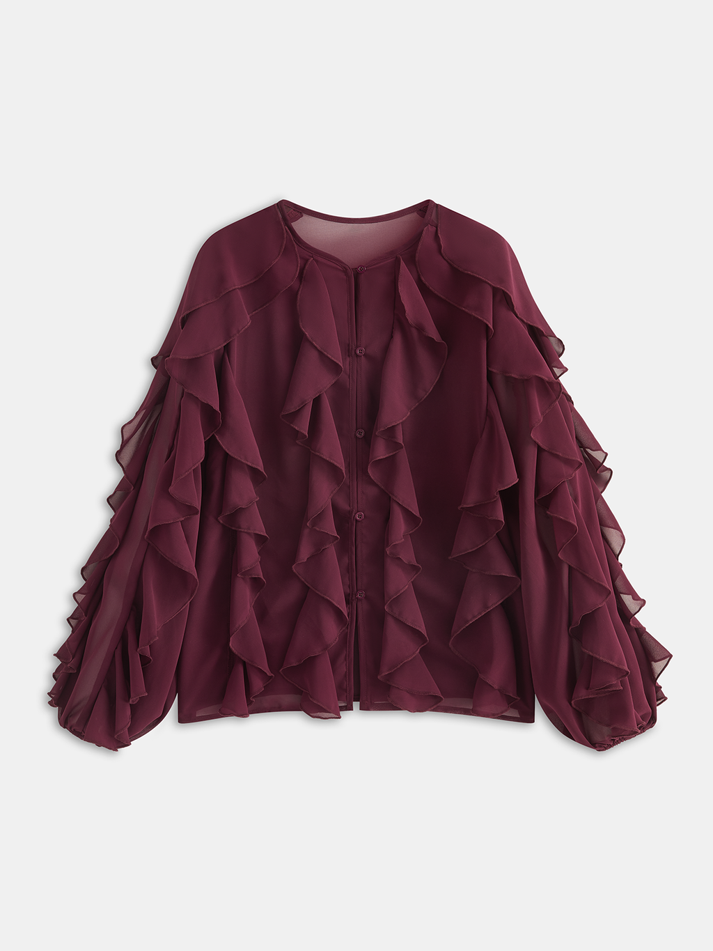 Semi-Sheer Chiffon Ruffled Long-Sleeve Blouse