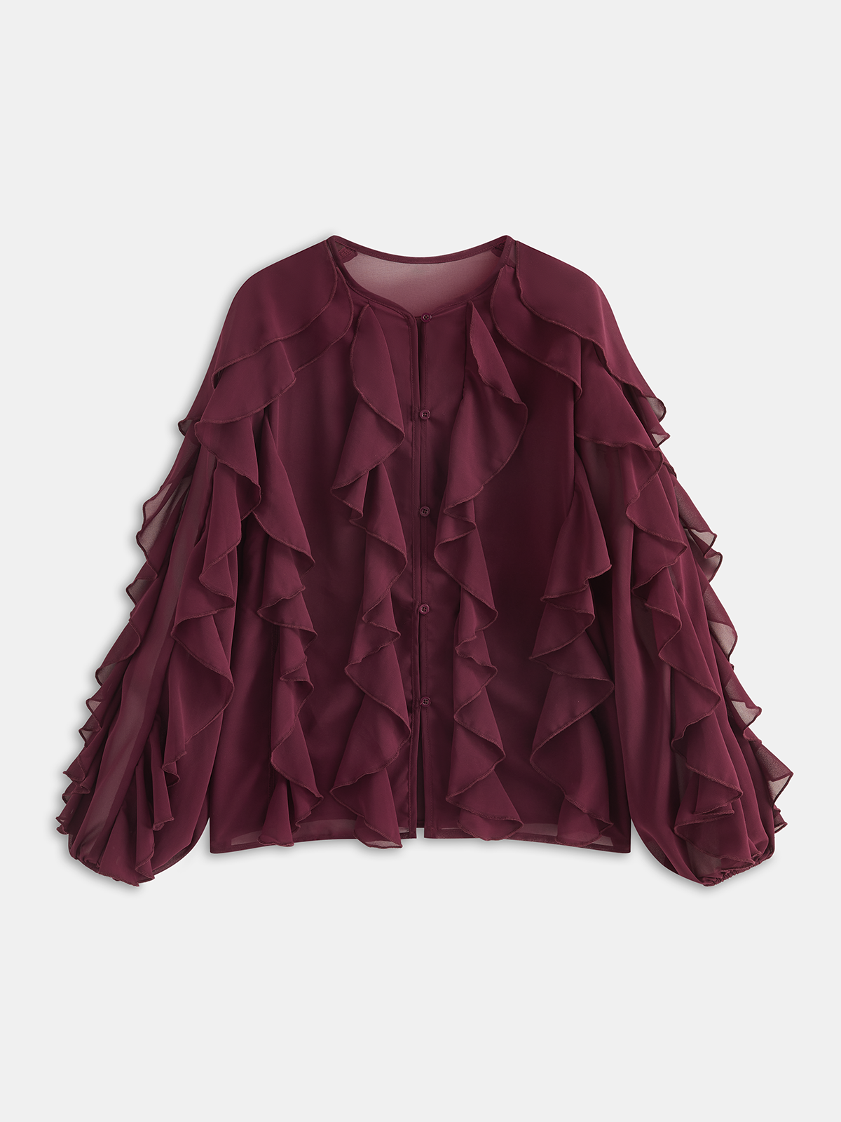 Semi-Sheer Chiffon Ruffled Long-Sleeve Blouse
