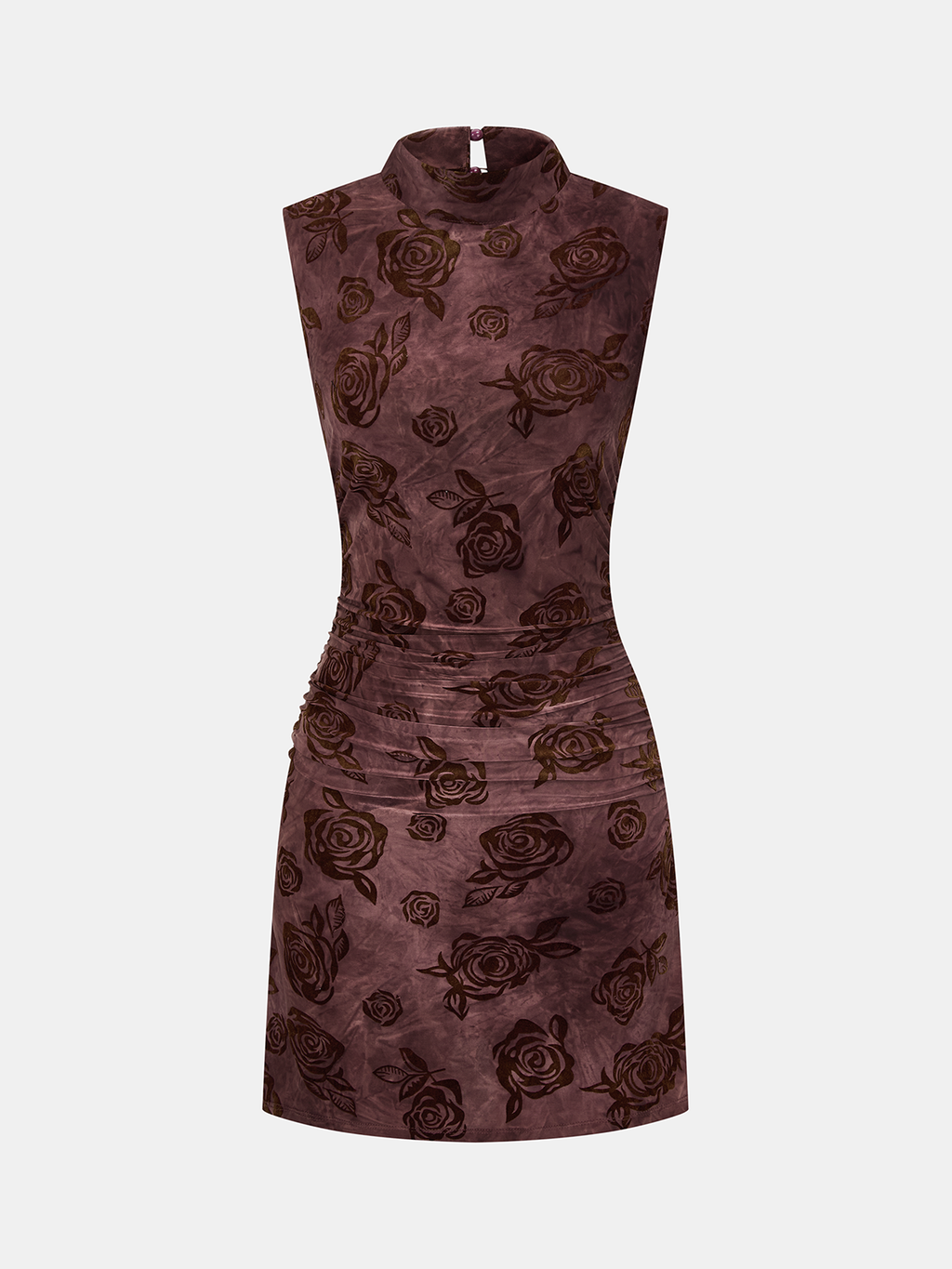 Flocked Rose-Print Ruched Sleeveless Mini Dress
