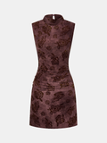 Flocked Rose-Print Ruched Sleeveless Mini Dress