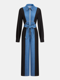 Belted Zipper Front Two-Tone Denim Jumpsuit