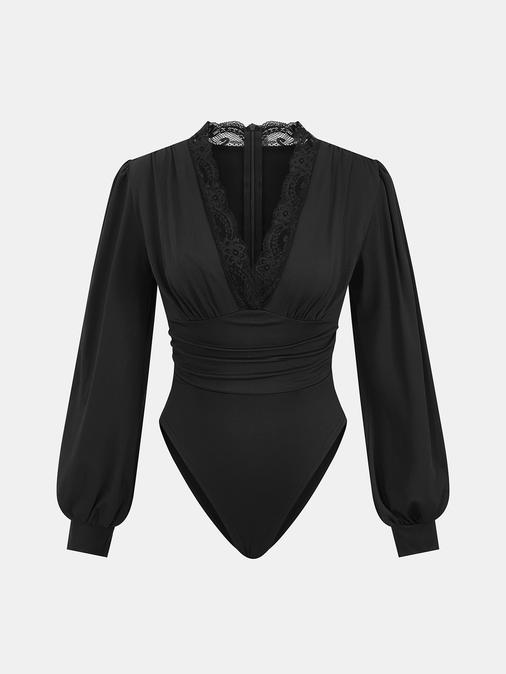 Lace Trim V-Neck Ruched Bodysuit