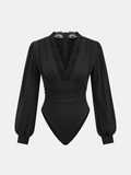 Lace Trim V-Neck Ruched Bodysuit