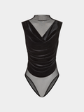 Sheer Mesh Panel Velvet Ruched Bodysuit