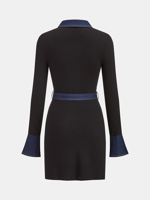 Belted Denim Panel Ribbed Knit Mini Dress