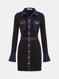 Belted Denim Panel Ribbed Knit Mini Dress