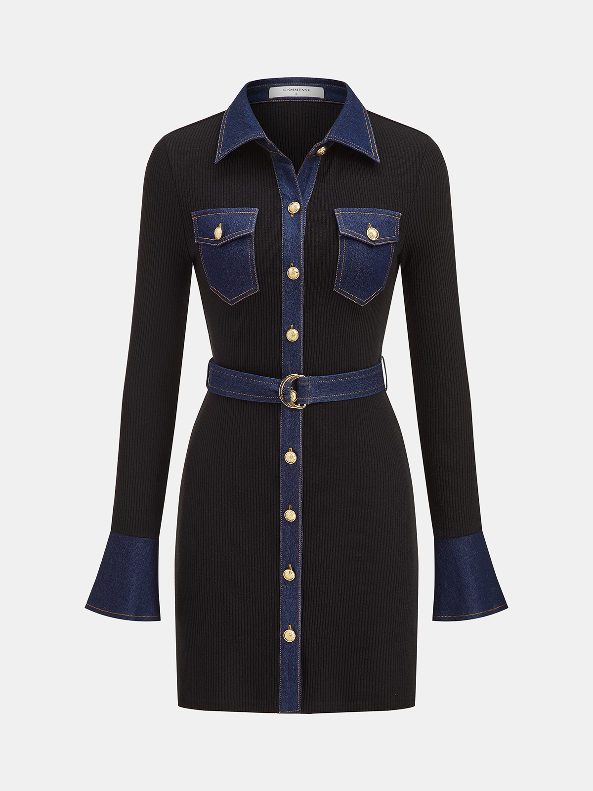 Belted Denim Panel Ribbed Knit Mini Dress