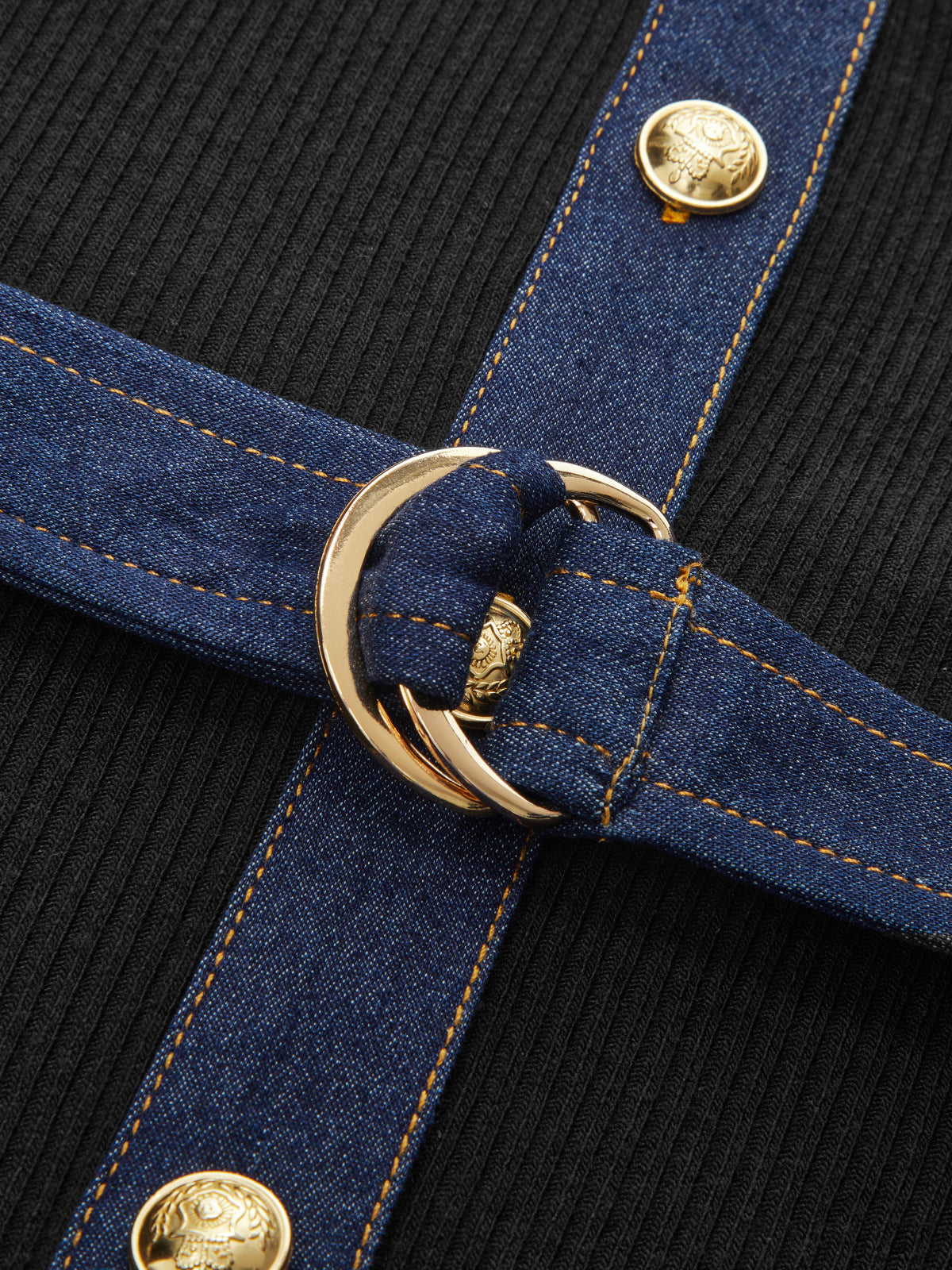 Belted Denim Panel Ribbed Knit Mini Dress