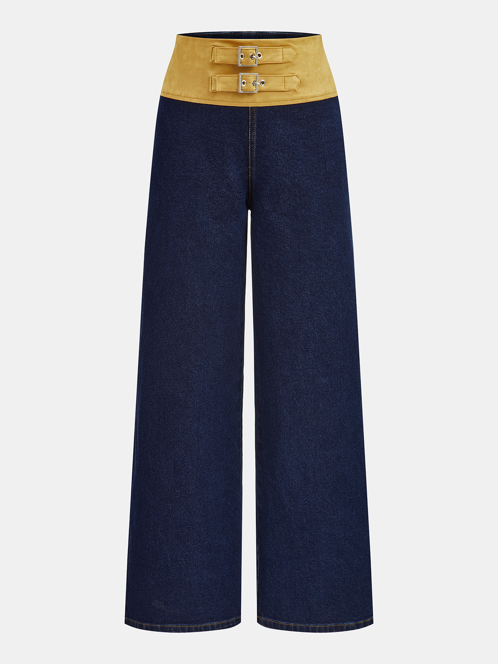 Double Buckle Suede Waist Wide-Leg Jeans