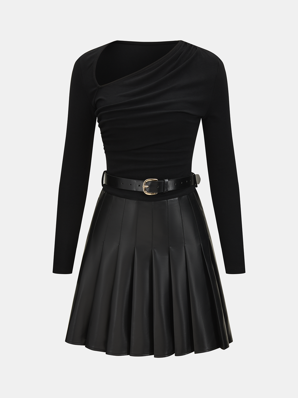Pleated Faux Leather Panel Asymmetric Ruched Mini Dress