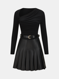 Pleated Faux Leather Panel Asymmetric Ruched Mini Dress