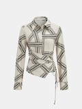 Abstract-Print Wrap-Tie Long-Sleeve Shirt