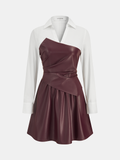 Faux Leather & Shirt Panel Asymmetric Dress