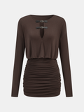 Buckle Detail Ruched Long-Sleeve Mini Dress