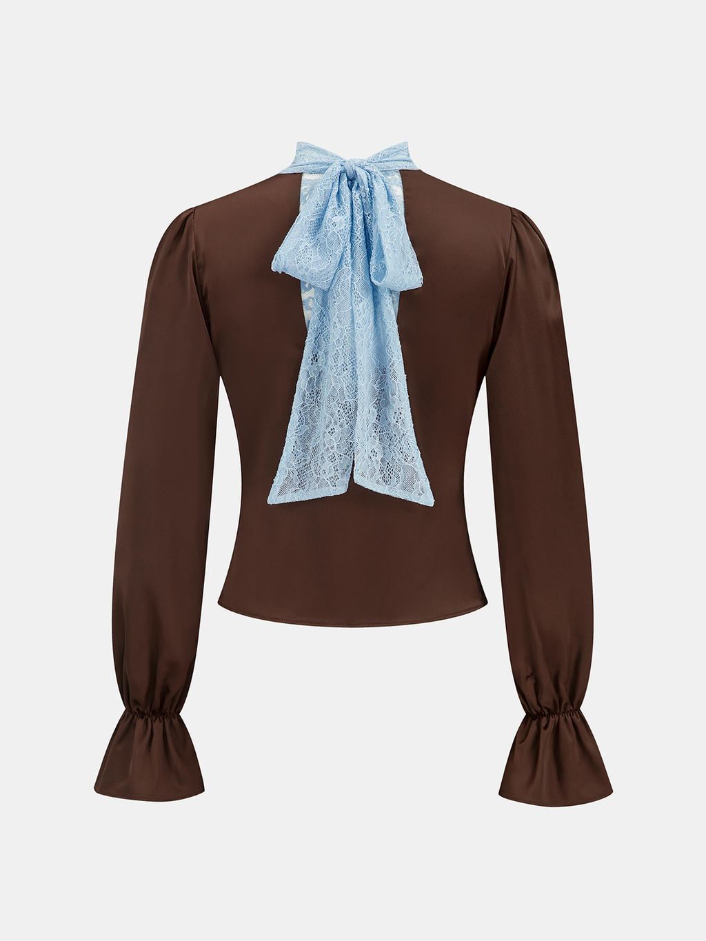 Flared Cuff Lace-Neck Satin Blouse