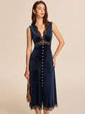 V-Neck Lace Panel Velvet Midi Dress