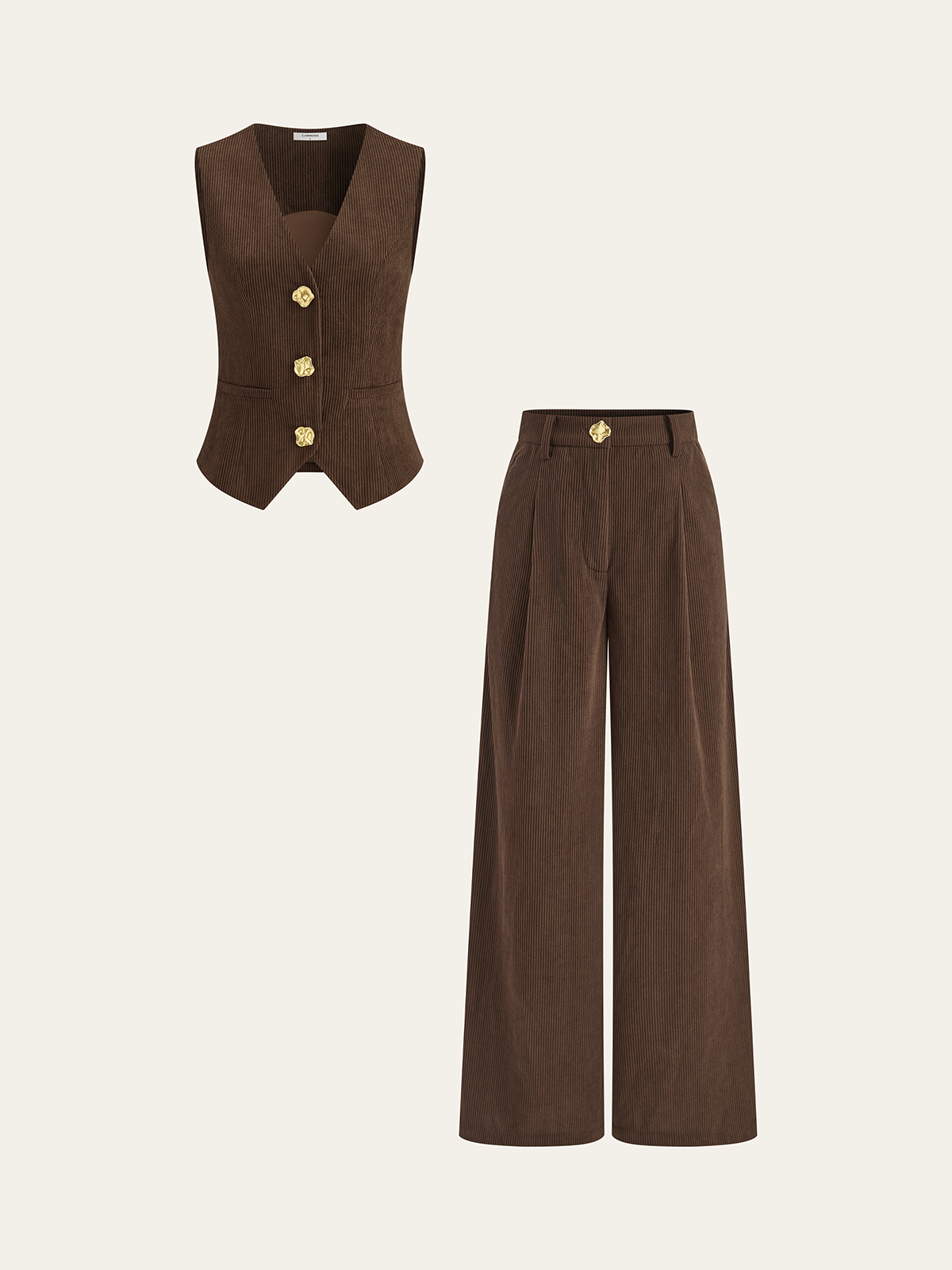 Corduroy Metal Button Vest & Wide-Leg Pants Set