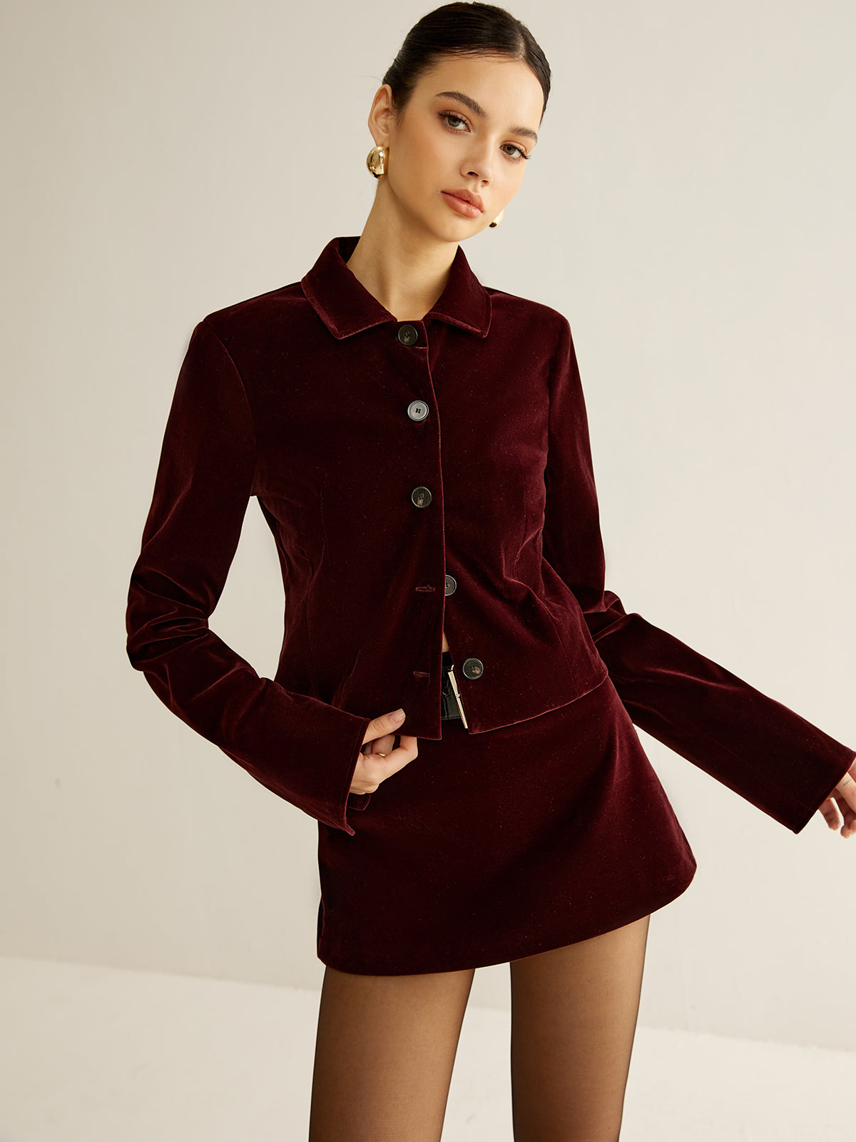 Velvet Collared Jacket & Mini Skirt Set