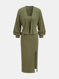 Cardigan & Slit Cami Midi Dress Two-Piece Set