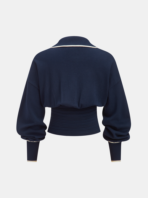 Contrast-Trim Cinched-Waist Knit Top