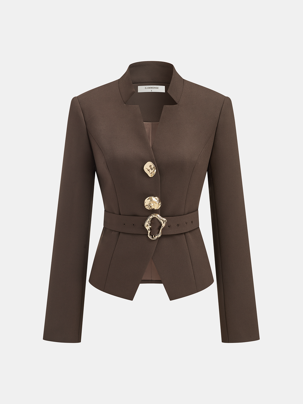 Metal Button Stand Collar Belted Blazer