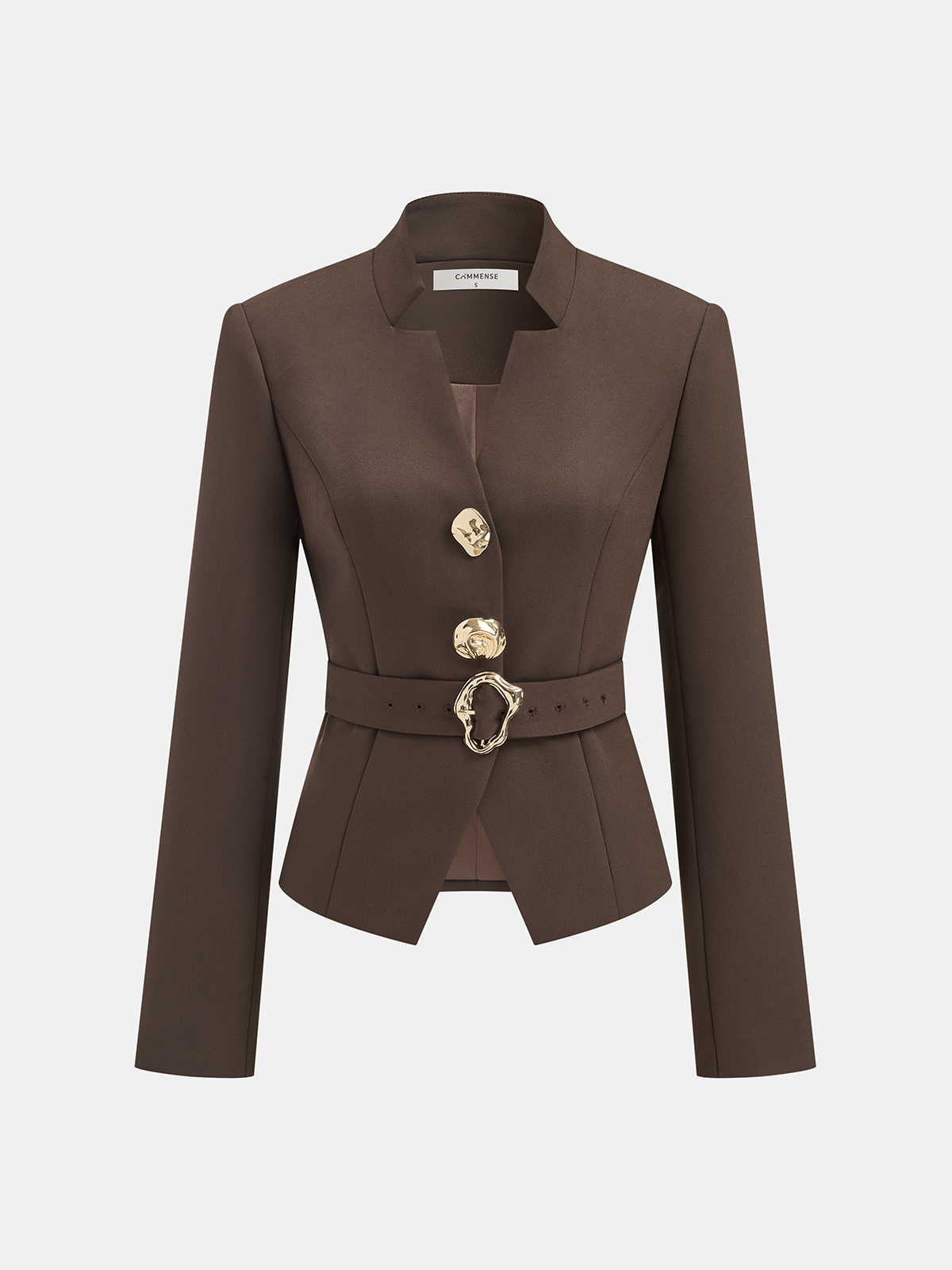 Metal Button Stand Collar Belted Blazer