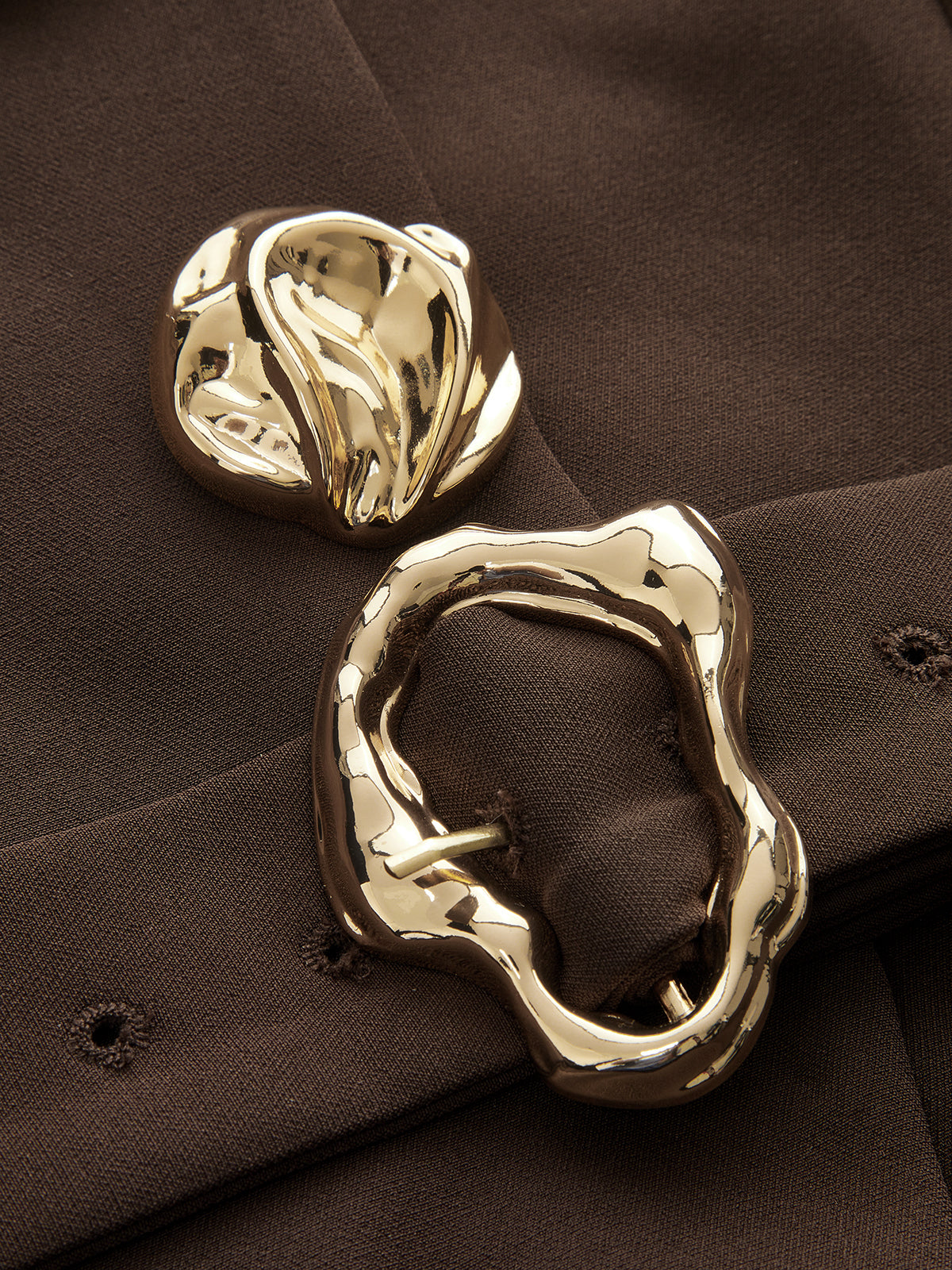 Metal Button Stand Collar Belted Blazer