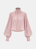 Ruffled Turtleneck Puff-Sleeve Crop Blouse