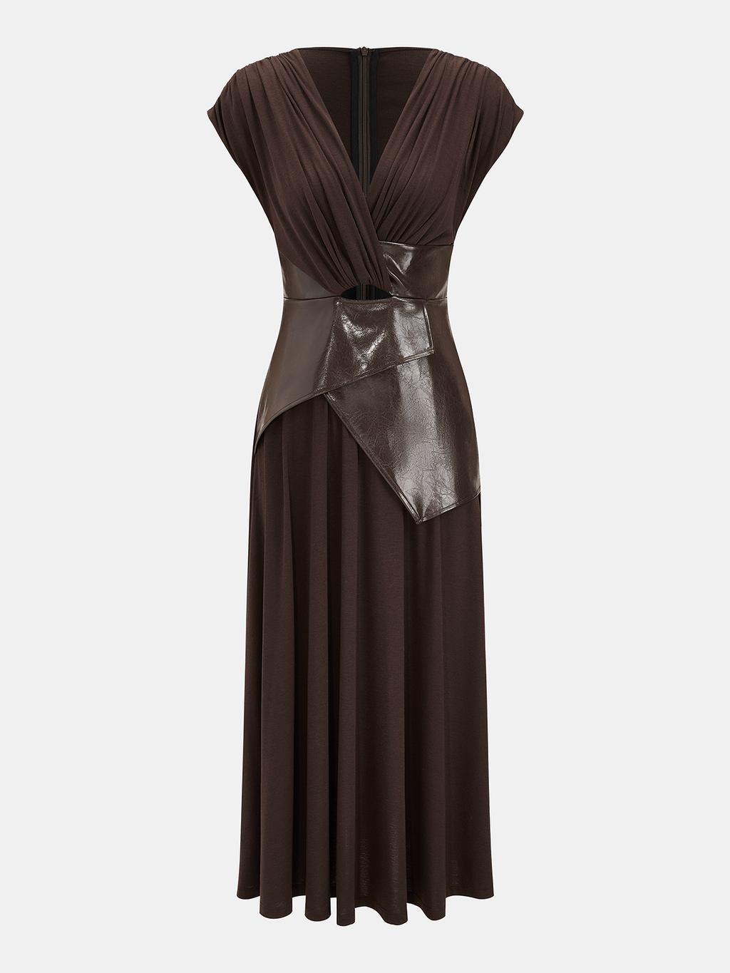 Faux Leather Panel Ruched Sleeveless Midi Dress