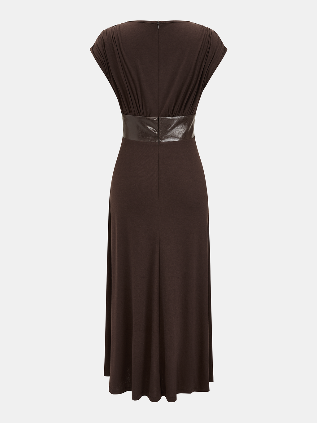 Faux Leather Panel Ruched Sleeveless Midi Dress