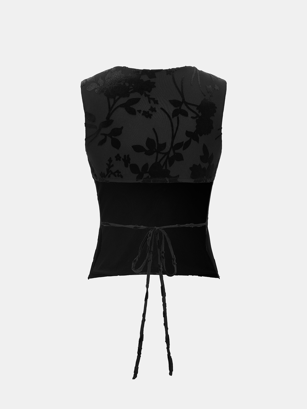 Flocked Floral Tie-Back Mesh Sleeveless Top