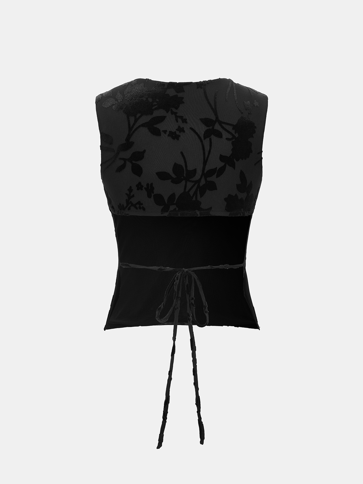 Flocked Floral Tie-Back Mesh Sleeveless Top