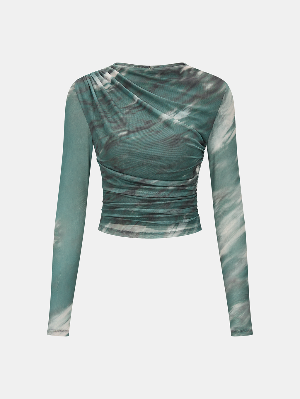 Tie-Dye Mesh Ruched Long-Sleeve Top