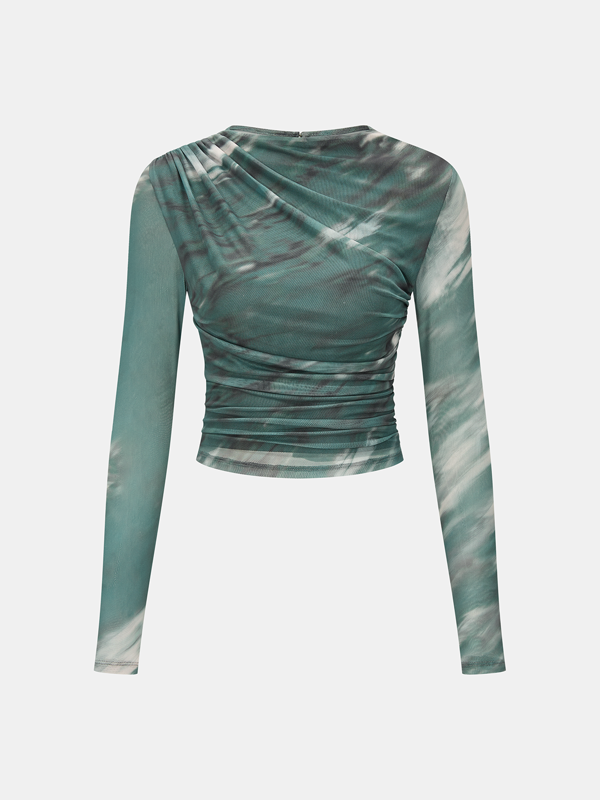 Tie-Dye Mesh Ruched Long-Sleeve Top