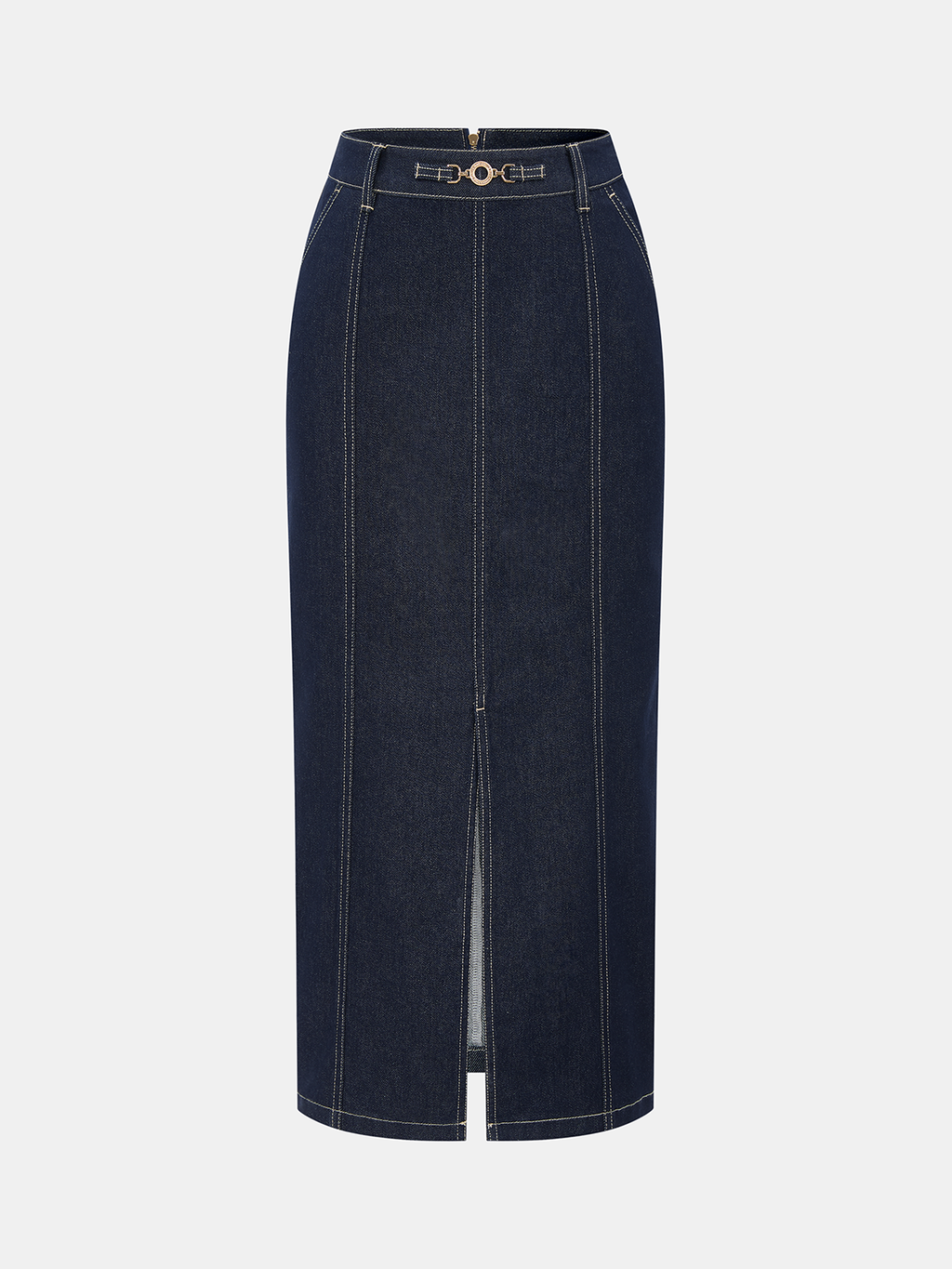 Denim Mid-Waist Split Midi Skirt