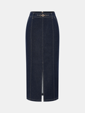 Denim Mid-Waist Split Midi Skirt