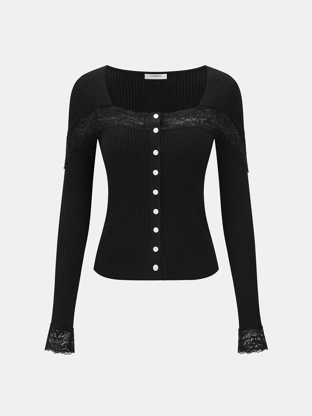 Lace Panel Square Neck Ribbed Knit Top