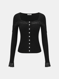 Lace Panel Square Neck Ribbed Knit Top