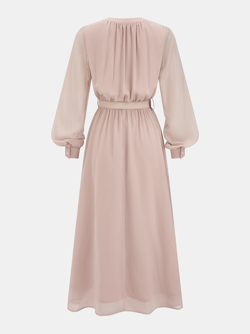 Lantern Sleeve Belted Chiffon Maxi Dress