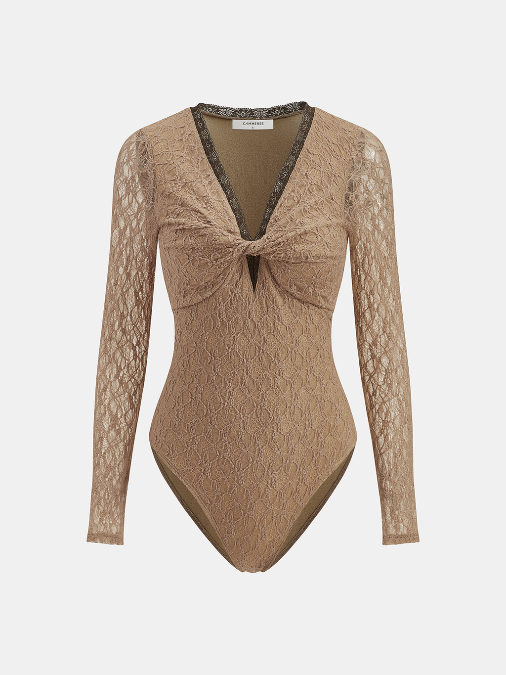 Semi-Sheer Lace Twist-Front Long-Sleeve Bodysuit