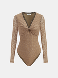 Semi-Sheer Lace Twist-Front Long-Sleeve Bodysuit